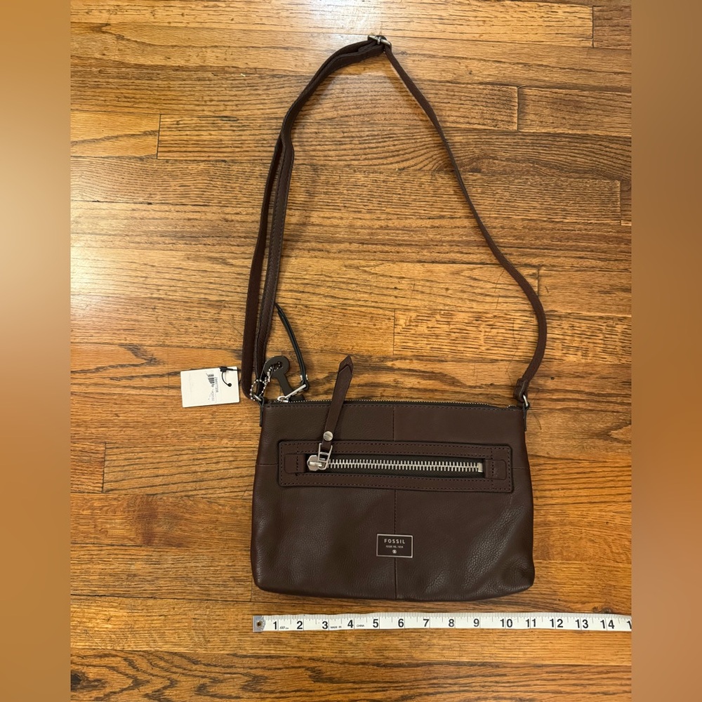 NWT Fossil Dark Brown Leather crossbody shoulder Bag silver hardware